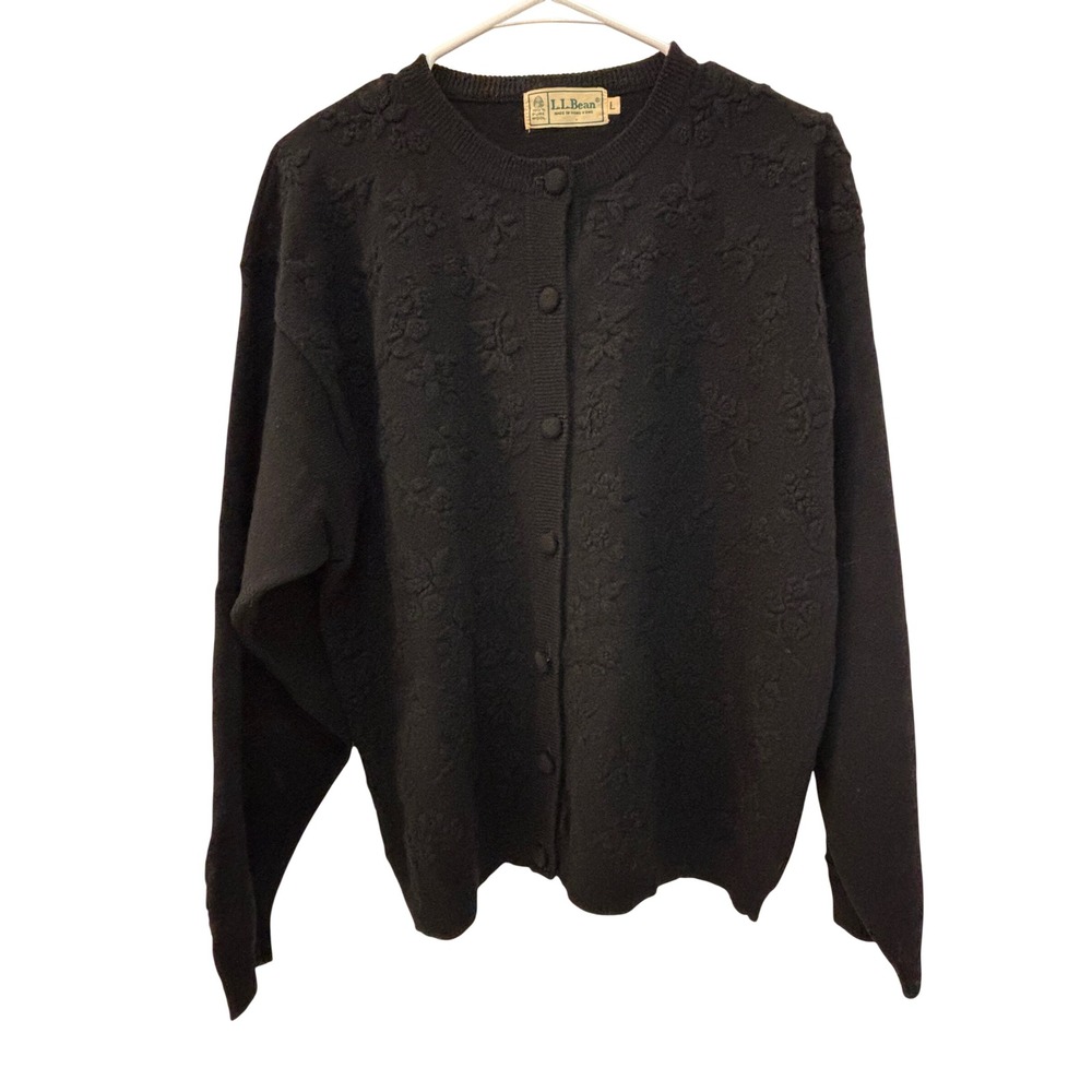 LL Bean Vintage Womens Large Black 100% Wool Floral Textured Cardigan Sweater
